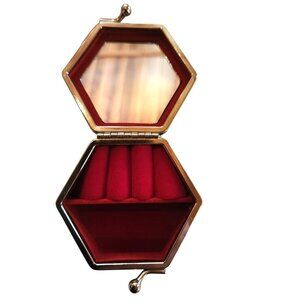 Asian floral design fabric covered trinket jewelry box travel mirror hexagon